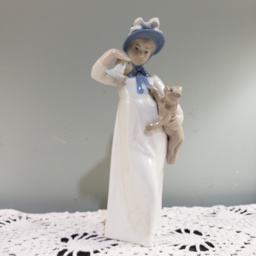 Vintage Rex Valencia Porcelain Figurine Gir with Blue Hat and Cat Collectible